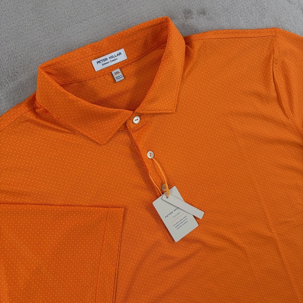 Peter Millar Tesseract Golf Polo Shirt in Orange Geometric Performance NWT $145